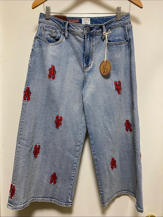 DRIFTWOOD Pants - DRIFTWOOD Light Blue Wide-Leg Jeans with Red Embroidered Lobsters
